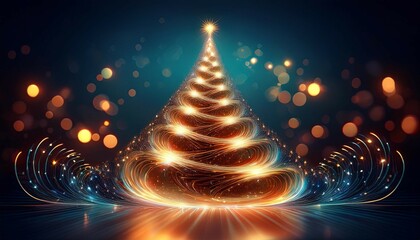 Wall Mural - elegant spiraling light forms a christmas tree on a dark backdrop with glowing bokeh symbolizing festive joy and modern design in winter holiday spirit