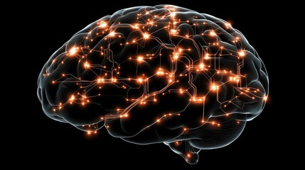 Poster - Brain with Neural Connections and Glowing Lights on Black Background