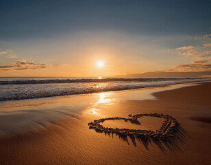 Wall Mural - A heart drawn in the sand on a beach with waves and a golden sunset in the background.