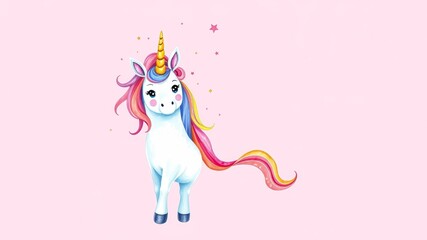 A whimsical cartoon unicorn against a vibrant pink background, exuding charm and playfulness.