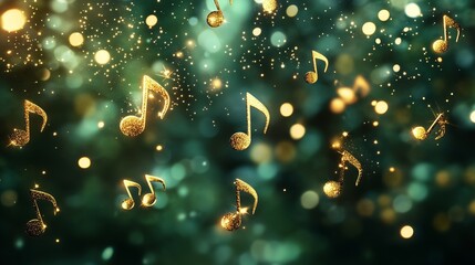Poster - Musical notes sparkle against a blurred green background with festive highlights