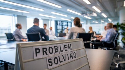 Poster - A group meeting focused on problem-solving in a modern office setting.