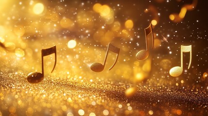 Poster - Golden musical notes sparkle against a shimmering background in a festive atmosphere celebration
