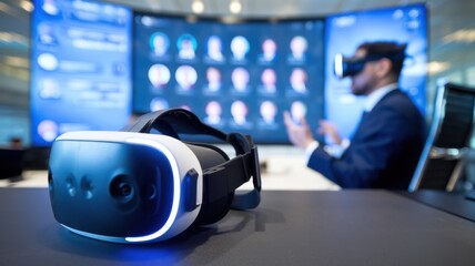 Poster - A VR headset on a table with a person engaging in a virtual meeting.
