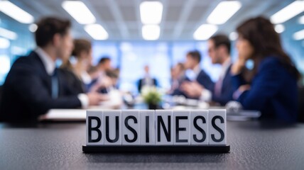 Poster - A business meeting scene with a focus on the word 