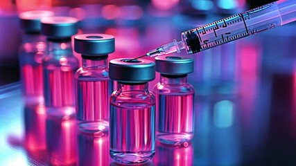 Poster - colorful injection process with vials and syringe in futuristic laboratory setting
