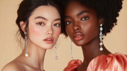 Poster - Two models exude sophistication while wearing stunning silver earrings with chains and pearl details, each styled beautifully with complementary outfits amidst a warm, inviting atmosphere