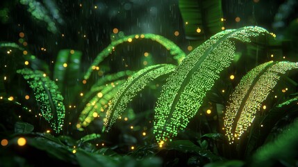 Poster - Glowing Green Leaves in Rainforest with Soft Light Effects and Water Droplets Capturing Natural Beauty at Night