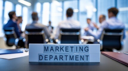 Poster - A marketing department meeting with professionals discussing strategies in a modern office.