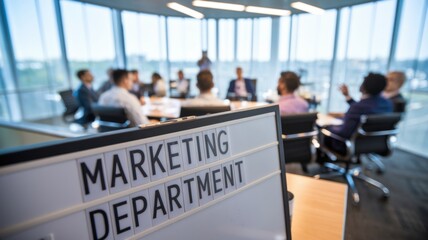 Poster - A marketing department meeting in a modern conference room with a sign indicating the department.