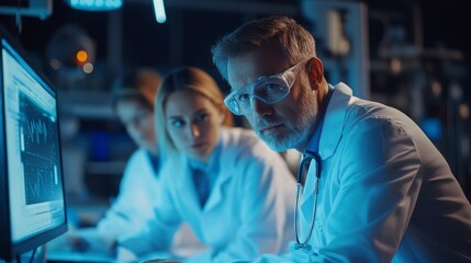 Poster - A team of skilled doctors collaborates intently in a modern laboratory, reviewing data and discussing findings. Their commitment to patient care is evident as they work in a high-tech environment