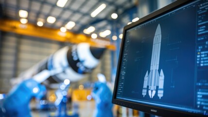 Poster - A digital display of a rocket design in a manufacturing facility.
