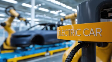 Poster - An electric car in a modern factory with robotic arms for assembly.