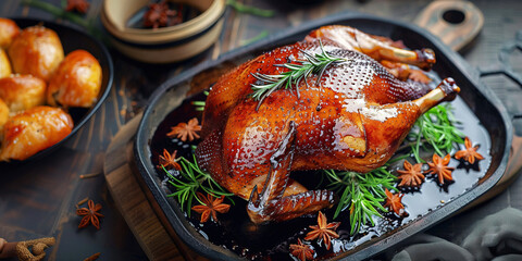 Wall Mural - Peking duck traditional asian chinese restaurant dish, fried poultry with crispy skin.