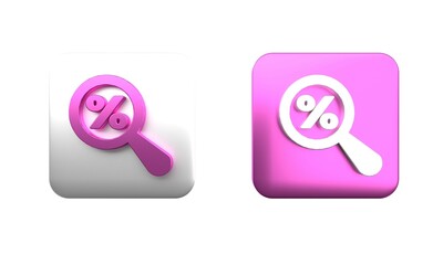 Poster - Colorful Magnifying glass with percent discount icon isolated on white background. Discount offers searching. Search for discount sale sign. Square button. 3D render illustration