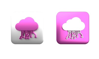 Poster - Colorful Internet of things icon isolated on white background. Cloud computing design concept. Digital network connection. Square button. 3D render illustration