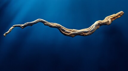 Poster - Intricate details of a sculptural driftwood piece highlight its flowing curves and textures, set against a tranquil blue background that enhances its natural beauty and grace