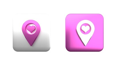 Poster - colorful map pointer with heart icon isolated on white background. square button. 3d render illustra