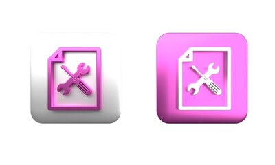 Poster - Colorful File document with screwdriver and wrench icon isolated on white background. Adjusting, service, setting, maintenance, repair, fixing. Square button. 3D render illustration