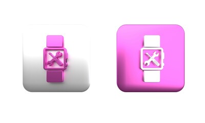 Poster - Colorful Smartwatch with screwdriver and wrench icon isolated on white background. Adjusting, service, setting, maintenance, repair, fixing. Square button. 3D render illustration