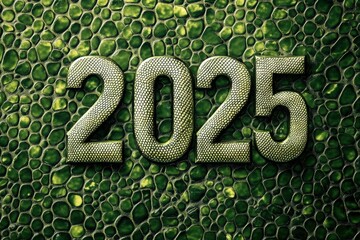 Poster - 2025, green background, numbers made of snake skin texture, shiny metallic