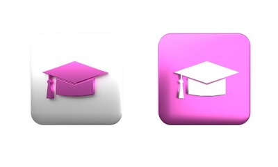 Wall Mural - Colorful Graduation cap icon isolated on white background. Graduation hat with tassel icon. Square button. 3D render illustration