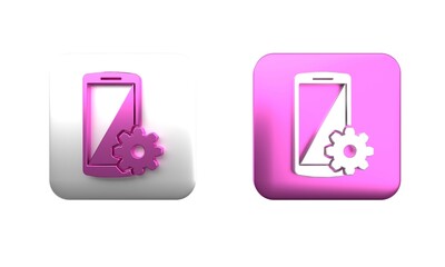 Poster - Colorful Setting on smartphone icon isolated on white background. Mobile and gear. Adjusting, service, setting, maintenance, repair, fixing. Square button. 3D render illustration