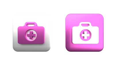 Wall Mural - Colorful First aid kit icon isolated on white background. Medical box with cross. Medical equipment for emergency. Healthcare concept. Square button. 3D render illustration