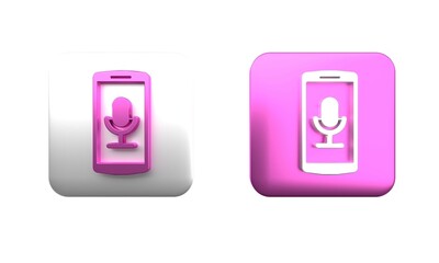 Canvas Print - Colorful Mobile recording icon isolated on white background. Mobile phone with microphone. Voice recorder app smartphone interface. Square button. 3D render illustration