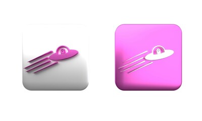 Poster - Colorful UFO flying spaceship and alien icon isolated on white background. Flying saucer. Alien space ship. Futuristic unknown flying object. Square button. 3D render illustration