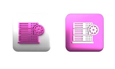 Sticker - Colorful Server and gear icon isolated on white background. Adjusting app, service concept, setting options, maintenance, repair, fixing. Square button. 3D render illustration