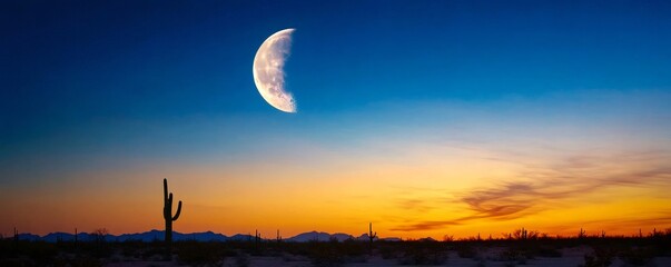 Wall Mural - Vibrant sunset colors over desert with saguaro cacti silhouettes and half-moon in the sky