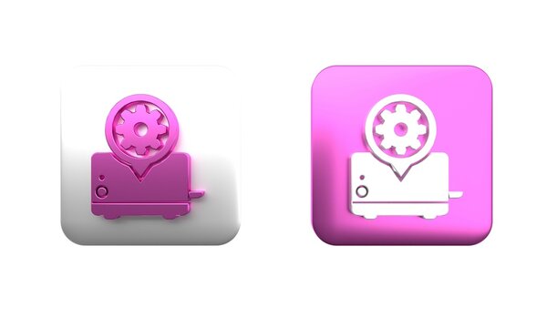 Colorful Toaster and gear icon isolated on white background. Adjusting app, service concept, setting options, maintenance, repair, fixing. Square button. 3D render illustration