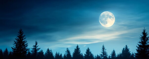 Wall Mural - Majestic full moon illuminating a peaceful coniferous forest at night, evoking a sense of enchantment and intrigue