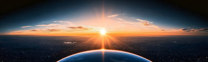 Wall Mural - sunrise over the planet earth concept with a bright sun and flare and city lights panoramic
