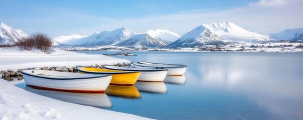 Wall Mural - scenic winter view: colorful boats on snow-covered shore, reflecting in calm lake waters against stu