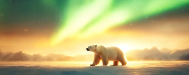 Wall Mural - beautiful arctic landscape: polar bear walking on snow at sunset with northern lights