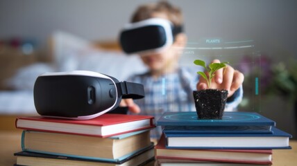 Poster - A child using virtual reality to interact with a plant in a learning environment.