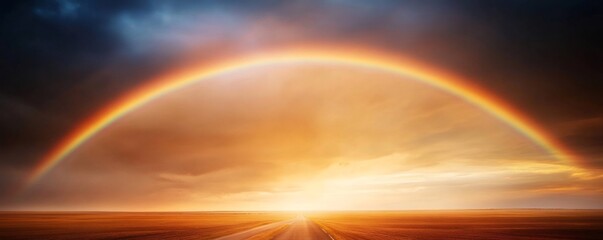 Wall Mural - Vibrant rainbow arching across a fiery sunset sky over a vast field with a long country road leading towards the horizon