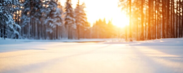 Wall Mural - winter forest landscape with fresh snow and bright, low sunlight filtering through the trees