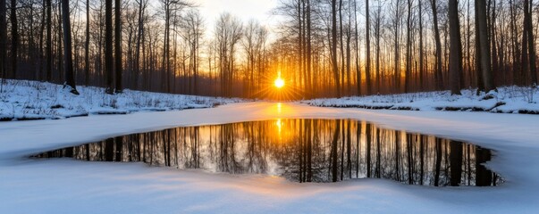 Wall Mural - Scenic winter sunset with partially frozen river and snow-covered forest reflecting orange light
