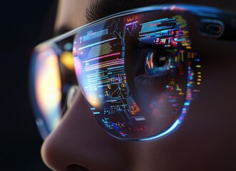 Poster - Close-Up of a Person's Face with Futuristic Glasses Displaying Digital Data in Reflection, Highlighting Technology and Innovation in Modern Vision