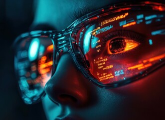 Poster - Futuristic Close-Up of Woman Wearing Advanced Glasses with Digital Display, Showcasing High-Tech Interface and Illuminated Graphics on Her Face