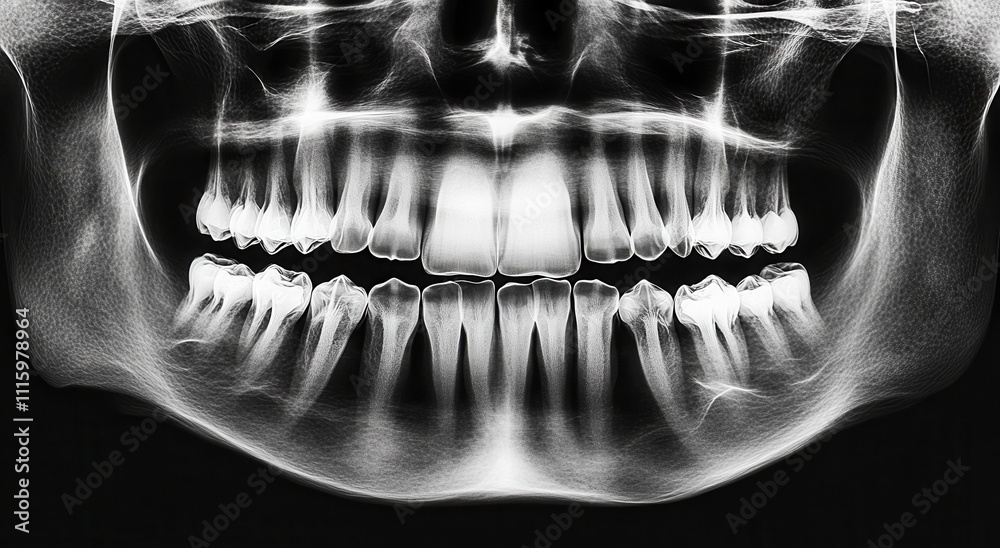 High-Resolution X-Ray Image of Human Teeth and Jaw, Showcasing Dental ...