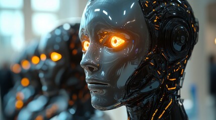 Poster - Humanoid figures stand in a modern environment, their sleek surfaces and glowing orange eyes creating an eerie yet captivating atmosphere as twilight descends