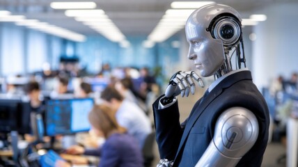 Poster - A humanoid robot in a business office setting, contemplating amidst employees at work.