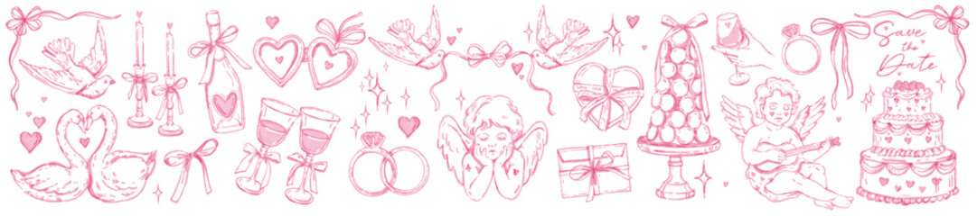 pink wedding doodle decoration set, vector hand drawn celebration invitation graphic, cute cherub. l