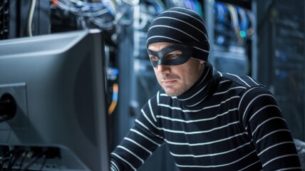 Poster - A masked individual working on a computer in a server room, suggesting illicit activity.