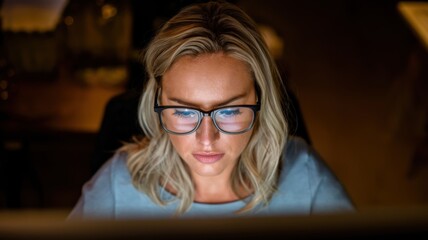 Poster - A focused individual working on a computer in a dimly lit environment.