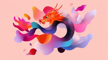 Poster - vibrant digital artwork of a dragon weaving through colorful abstract shapes in a stylized design